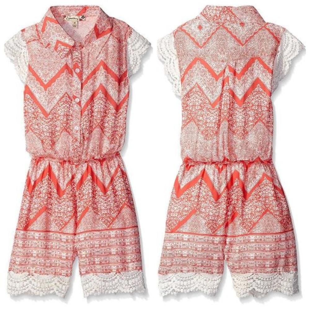 Speechless Girls Coral Crochet Lace Chevron Shorts Romper 10 12 14 NWT